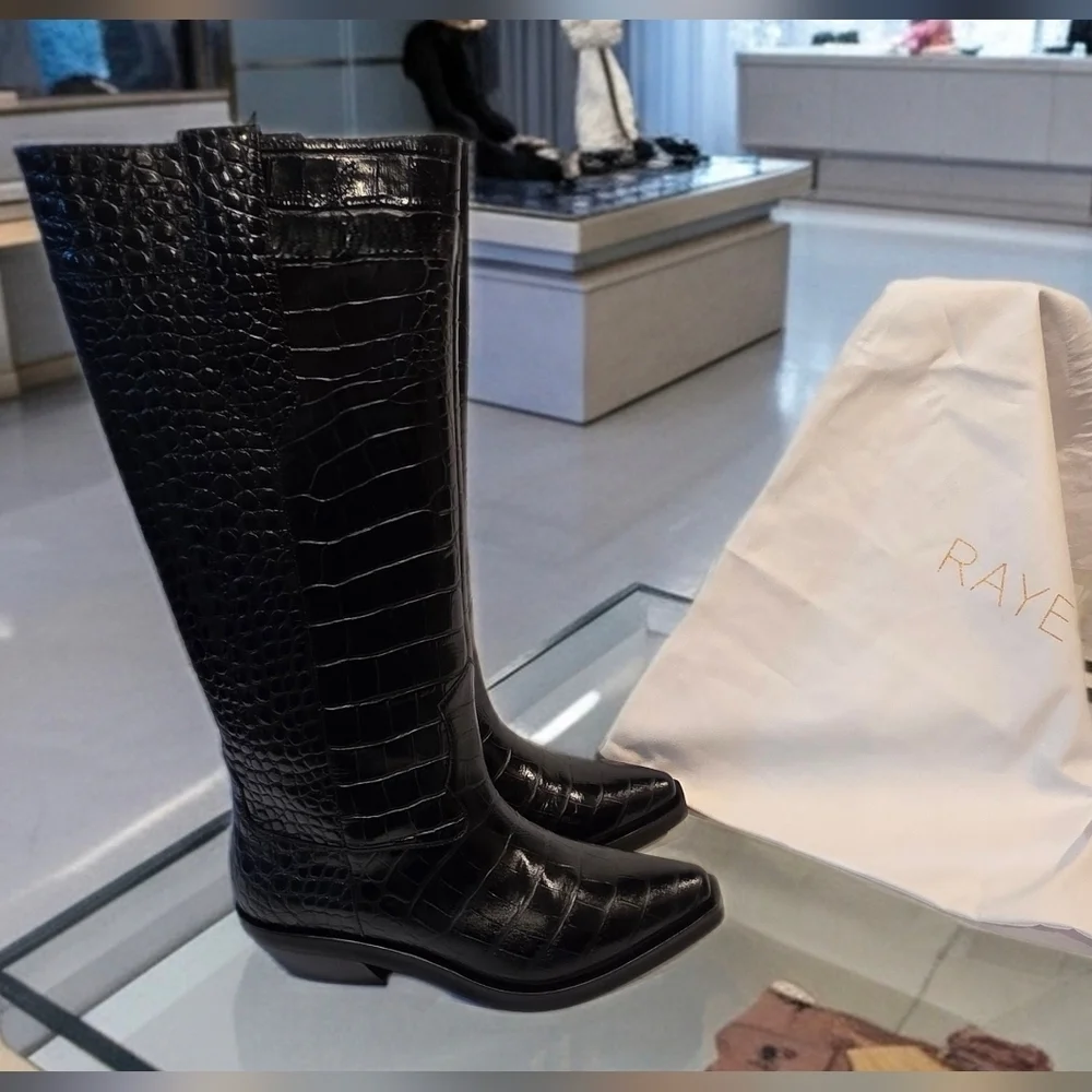 Raye Vervier Boot in Black Croc Embossed Leather